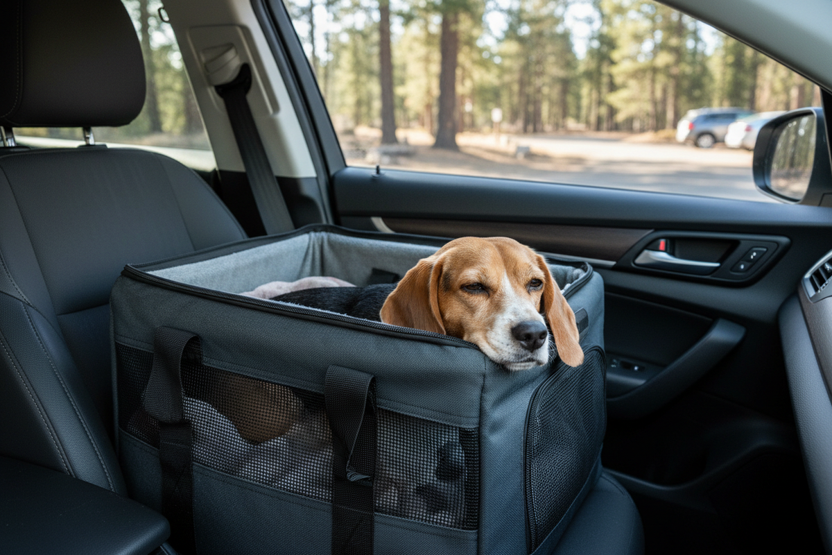 Beagle sitting in TrailRider collapsible dog car carrier on car seat
