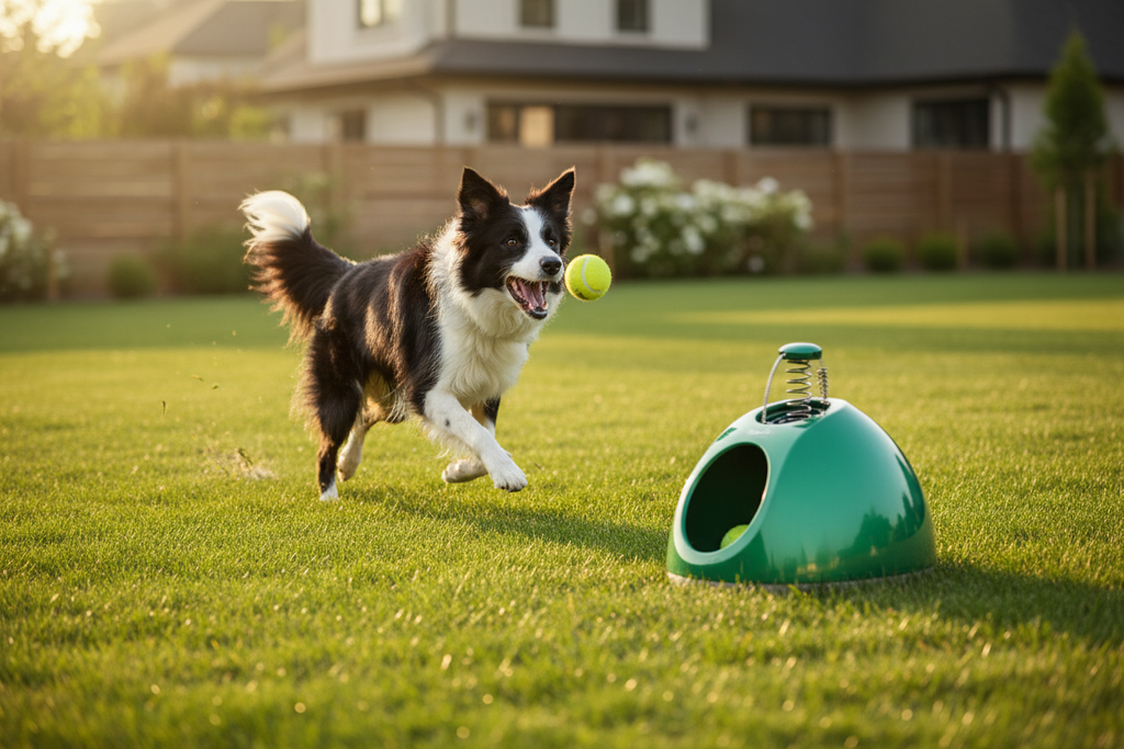 Border collie chasing tennis ball from Fetch & Field automatic dog ball launcher in backyard