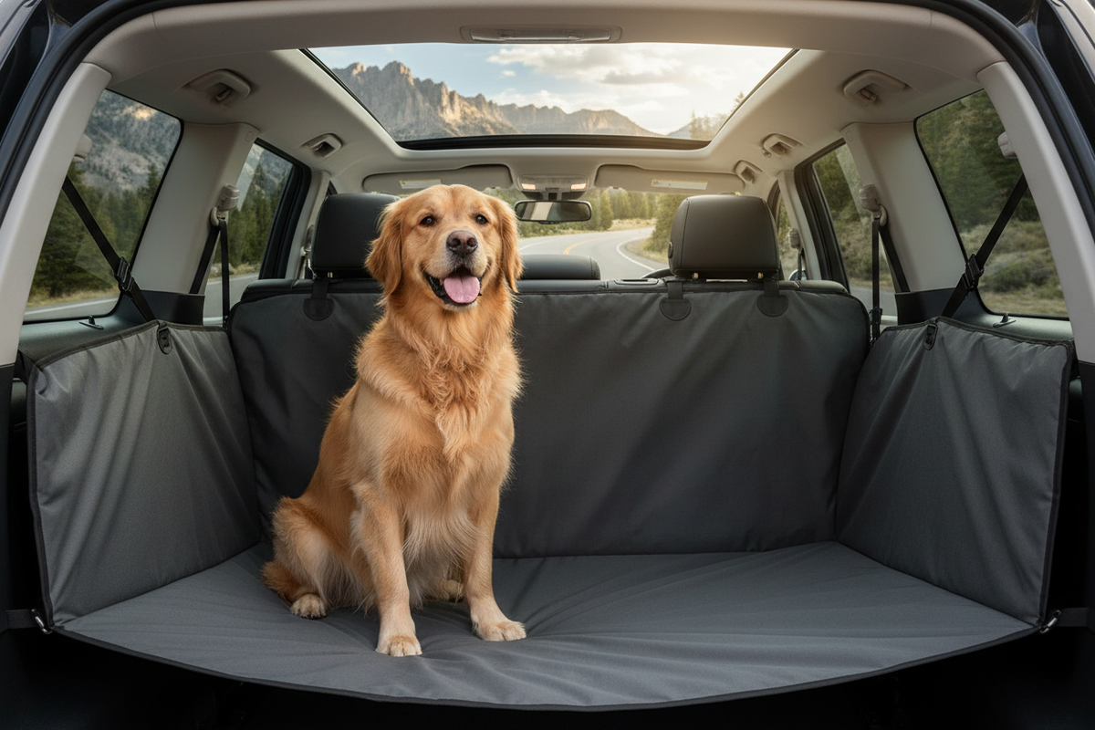 Golden retriever in SUV back seat with Trailguard waterproof dog car seat cover