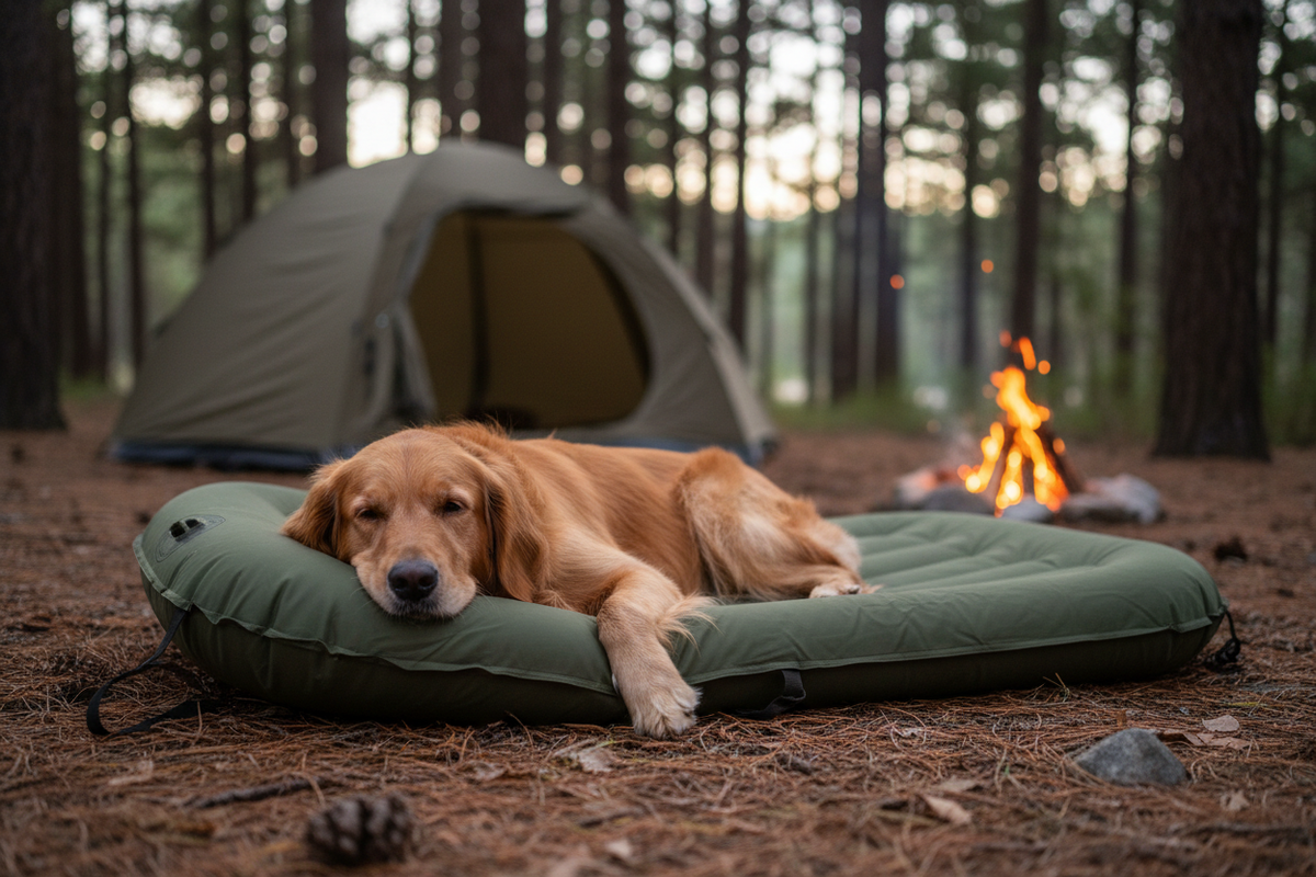 Golden retriever on camp bed at a campsite