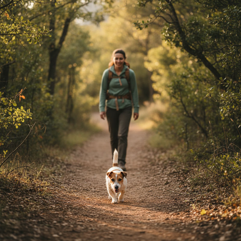 Beagle practicing recall training on quiet woodland path with owner