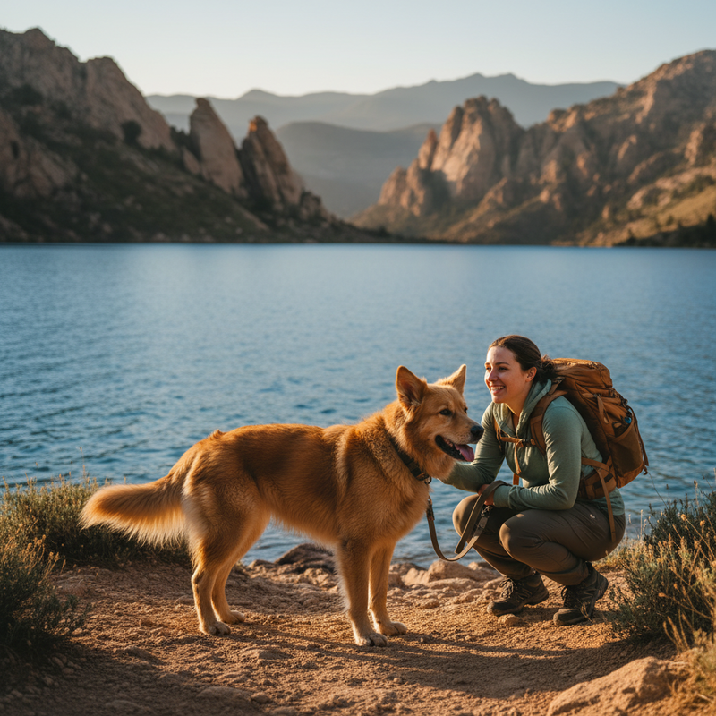 Australian shepherd with backpack next to trail essentials including water bowl and first-aid kit