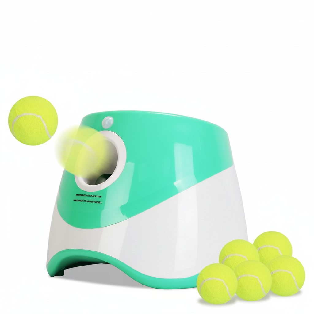 Automatic dog ball launcher with tennis balls, clean white background