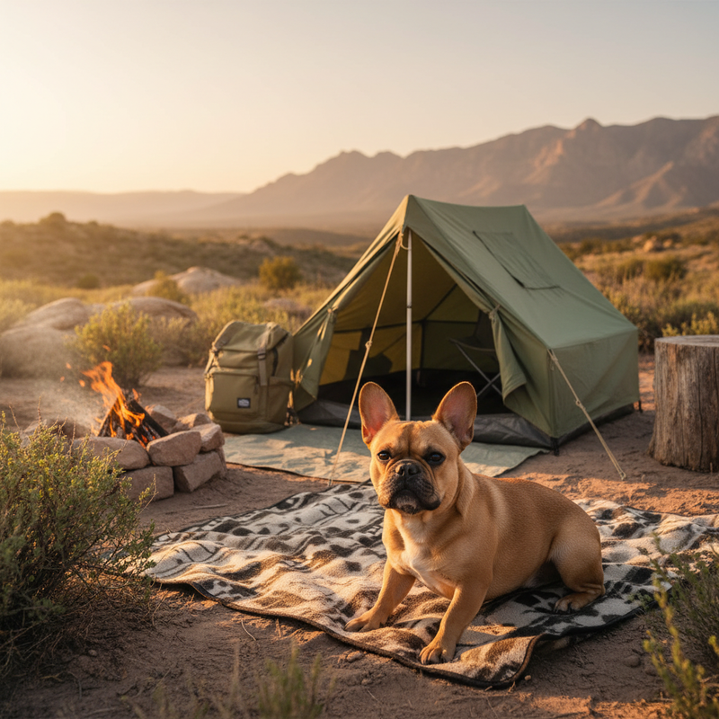 Labrador retriever resting on portable dog bed at campsite with water bowl nearby